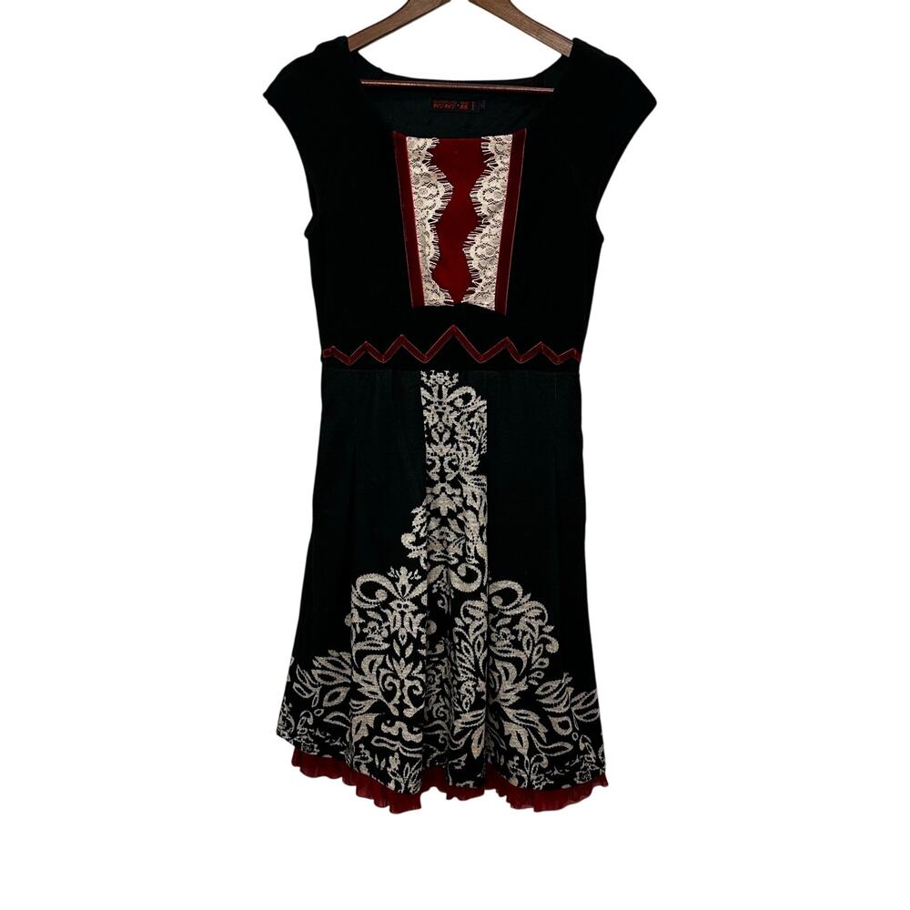 Vintage Lulu H Paris Fit Flare Dress L Black Red Lace Lagenlook Minor Flaw - Picture 4 of 13
